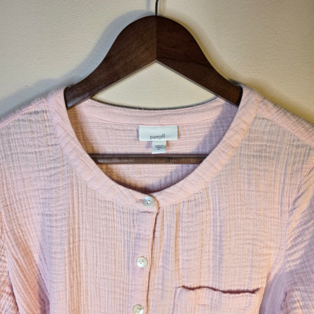 Pure Jill Cotton Gauze Button Top Womens Small Pale Pink Double 3/4 Sleeves - Picture 2 of 11